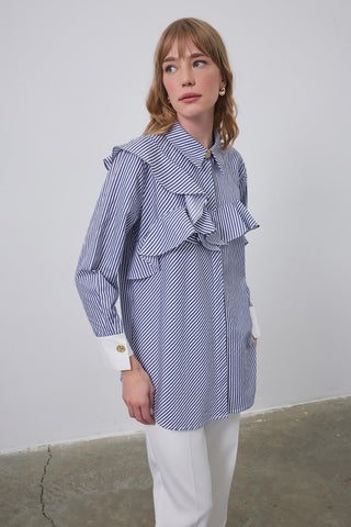 Flounced Cuff Detailed Shirt Navy Blue