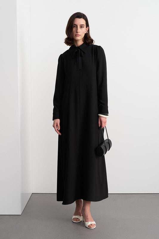 Tie Collar Long Dress Black