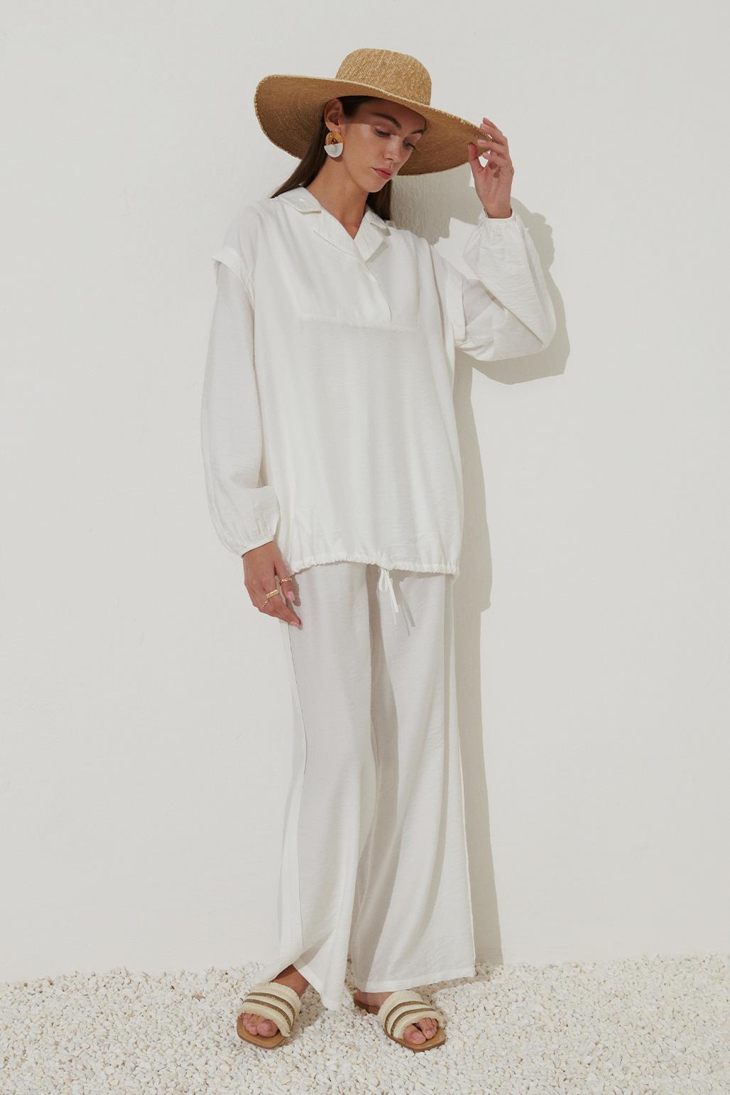 Collar Detailed Linen Trouser Set Ecru