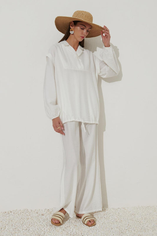 Collar Detailed Linen Trouser Set Ecru