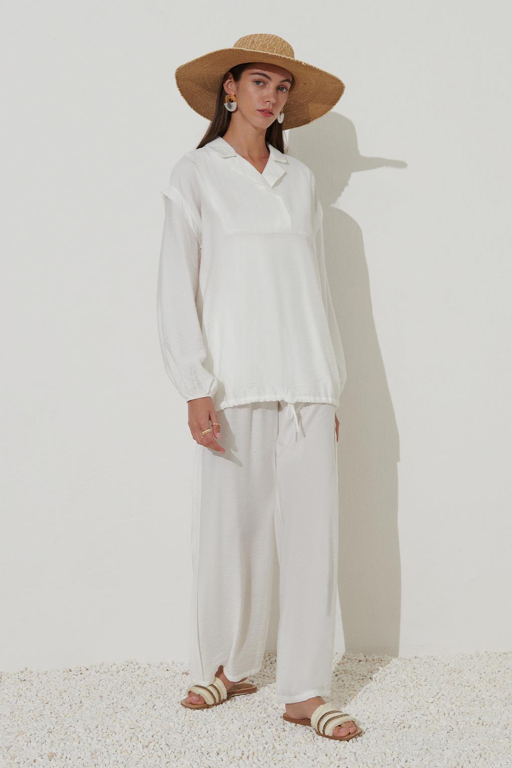 Collar Detailed Linen Trouser Set Ecru