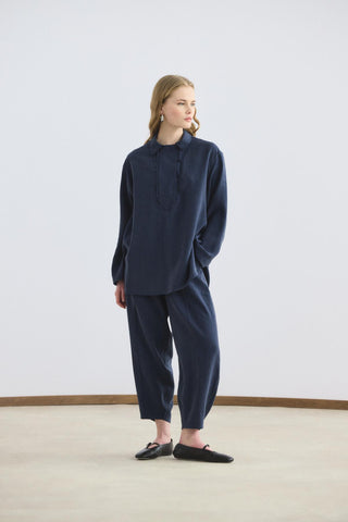 Collar Detail Tencel Tunic Trousers Set Navy