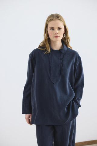 Collar Detail Tencel Tunic Trousers Set Navy