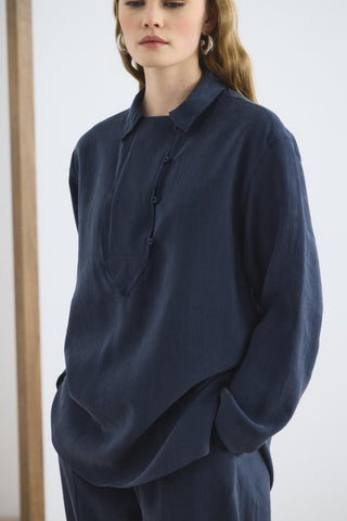 Collar Detail Tencel Tunic Trousers Set Navy