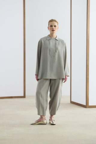 Collar Detail Tencel Tunic Trousers Set Stone