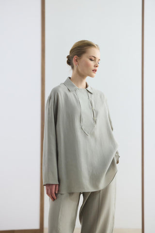 Collar Detail Tencel Tunic Trousers Set Stone