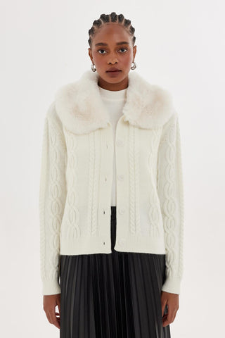 Fur Collar Knit Cardigan Ecru