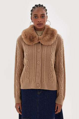 Fur Collar Knit Cardigan Brown