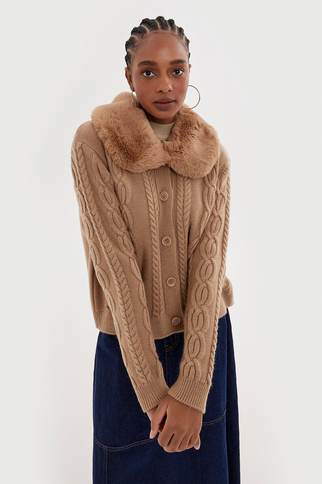 Fur Collar Knit Cardigan Brown