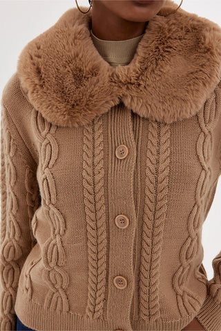 Fur Collar Knit Cardigan Brown