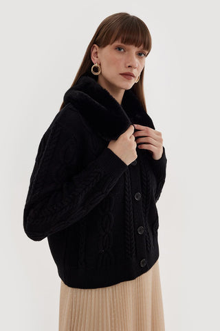 Fur Collar Knit Cardigan Black