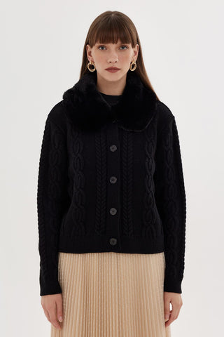 Fur Collar Knit Cardigan Black