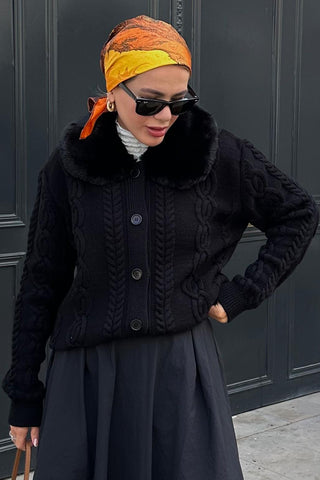Fur Collar Knit Cardigan Black