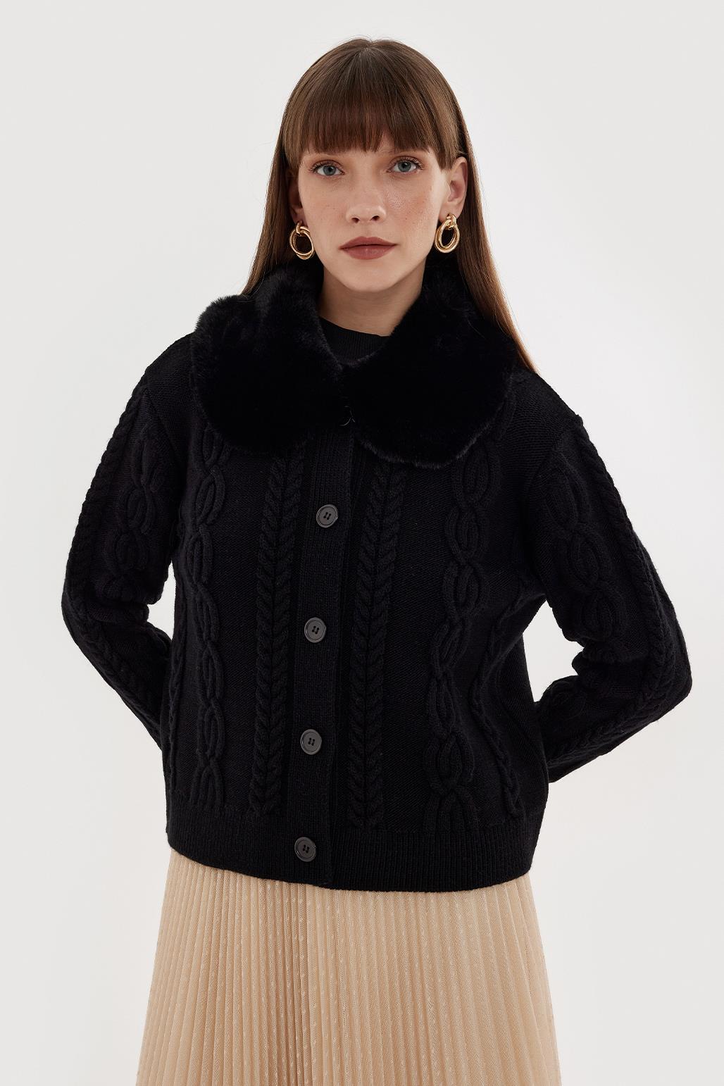 Fur Collar Knit Cardigan Black