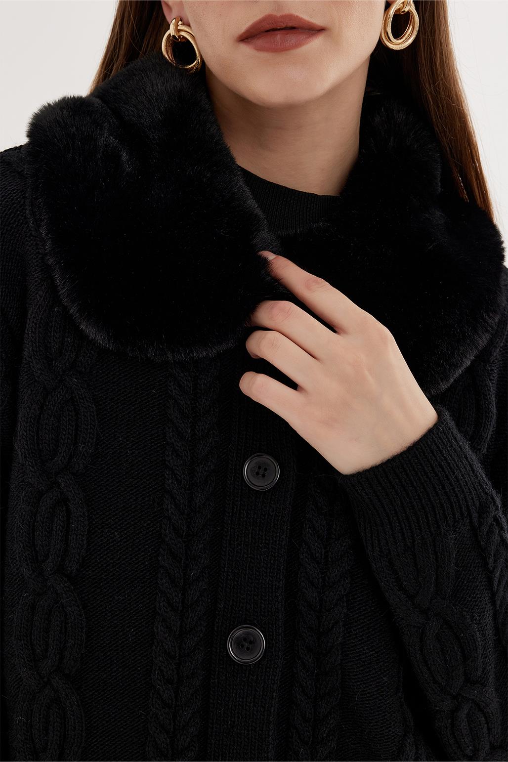 Fur Collar Knit Cardigan Black
