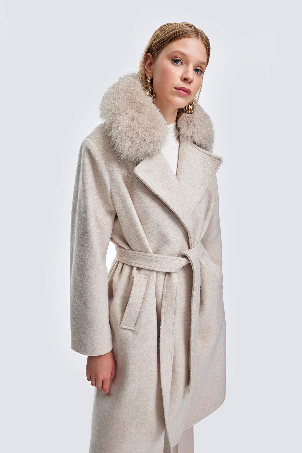 Fur Collar Cashmere Coat Beige