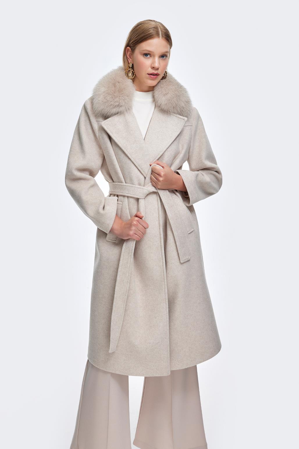Fur Collar Cashmere Coat Beige