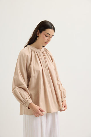 Gathered Neck Balloon Sleeve Linen Shirt Beige