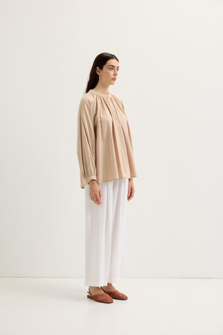 Gathered Neck Balloon Sleeve Linen Shirt Beige