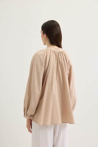 Gathered Neck Balloon Sleeve Linen Shirt Beige