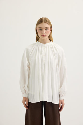 Gathered Neck Balloon Sleeve Linen Shirt Ecru