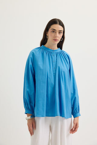 Gathered Neck Balloon Sleeve Linen Shirt Blue