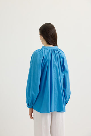 Gathered Neck Balloon Sleeve Linen Shirt Blue