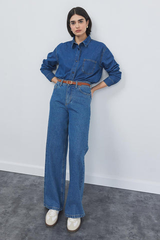 Washed Palazzo Trousers Navy Blue