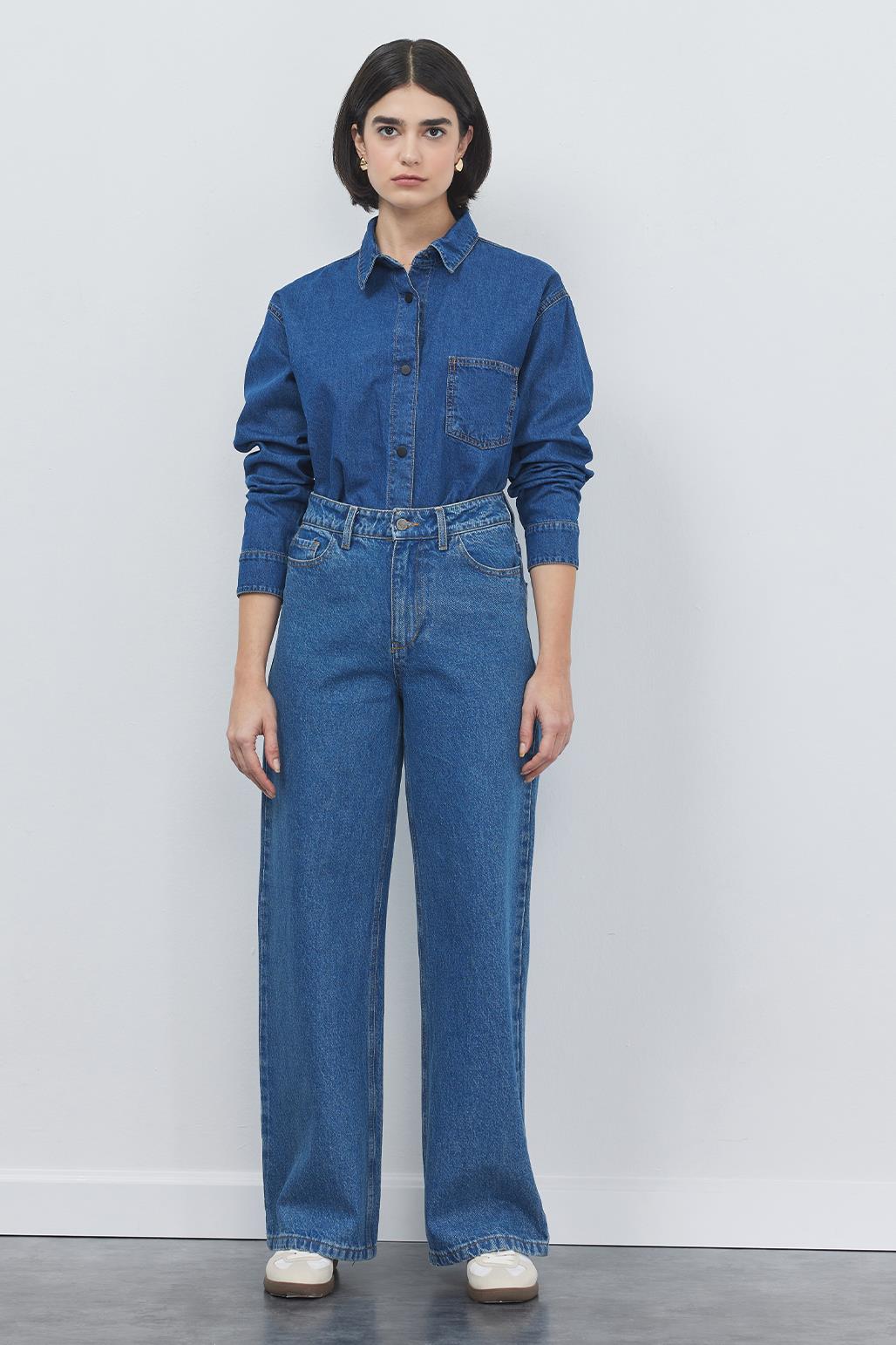 Washed Palazzo Trousers Light Navy Blue