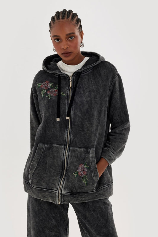 Stone Embroidered Cardigan With Hood Gray