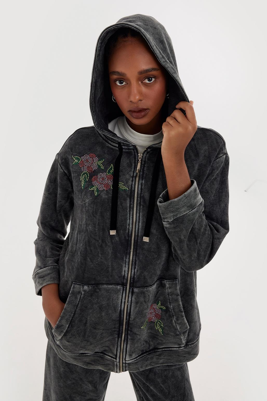Stone Embroidered Cardigan With Hood Gray