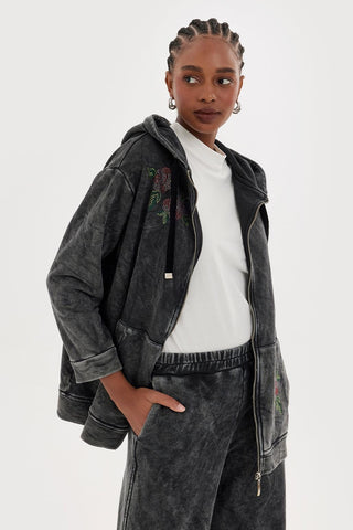 Stone Embroidered Cardigan With Hood Gray