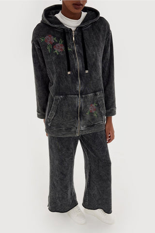 Stone Embroidered Cardigan With Hood Gray