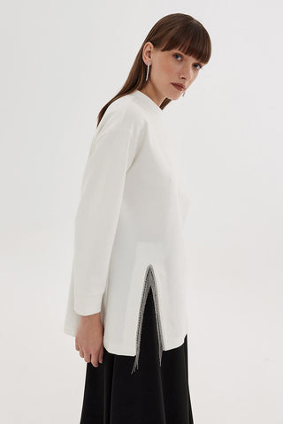 Stone Embroidered Slit Sweatshirt Ecru