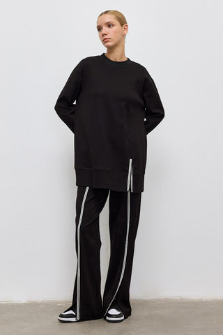 Knit Blouse and Slit Trousers Set Black