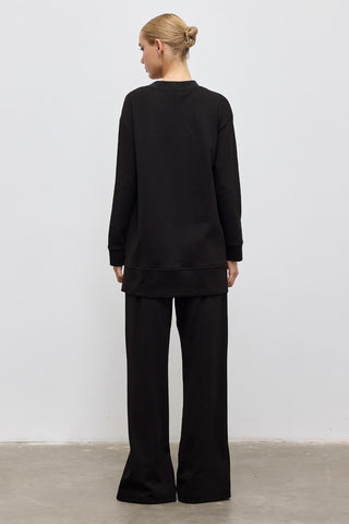 Knit Blouse and Slit Trousers Set Black