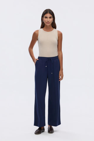 High Waist Crepe Trousers with Stitch Detail Navy Blue