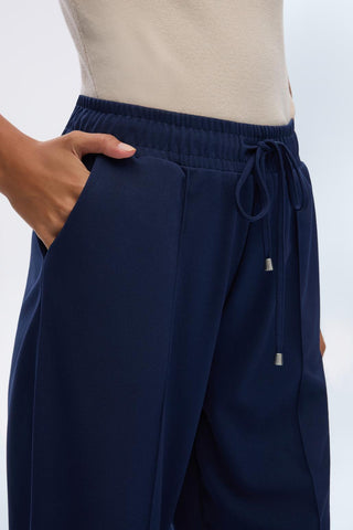High Waist Crepe Trousers with Stitch Detail Navy Blue