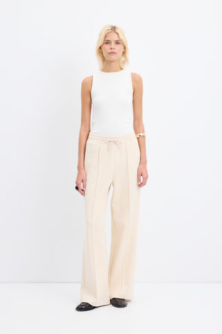 High Waist Relaxed Fit Stitch Detail Trousers Cream