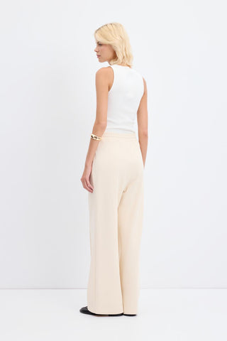 High Waist Relaxed Fit Stitch Detail Trousers Cream