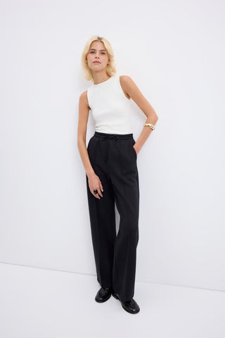 High Waist Relaxed Fit Stitch Detail Trousers Black