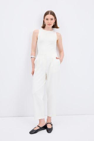 High Waist Straight Crepe Trousers Ecru