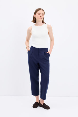 High Waist Straight Crepe Trousers Navy Blue