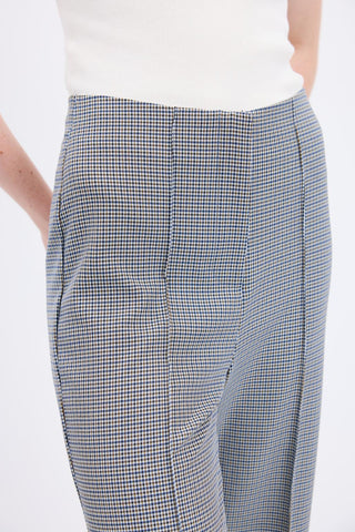 High Waist Slim Fit Checked Trousers Navy Blue