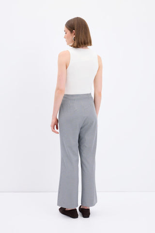 High Waist Slim Fit Checked Trousers Navy Blue