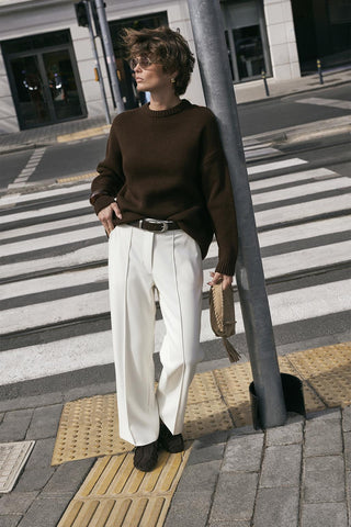 High Waist Fit Crepe Trousers Ecru