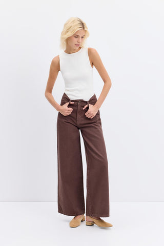 High Waist Wide Leg Gabardine Trousers Brown
