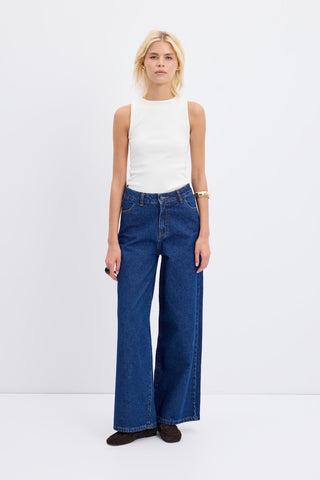 High Waist Wide Leg Gabardine Trousers Dark Blue