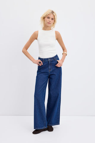 High Waist Wide Leg Gabardine Trousers Dark Blue