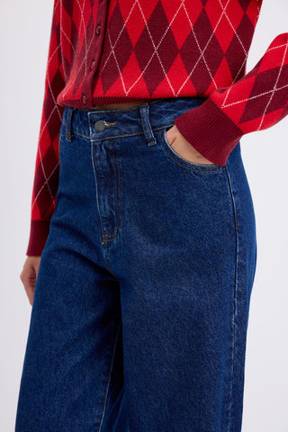 High Waist Wide Leg Gabardine Trousers Dark Blue